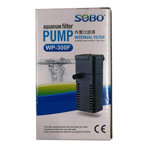 SOBO internal aquarium filter WP-300F packaging showcasing features and specifications for optimal water clarity.