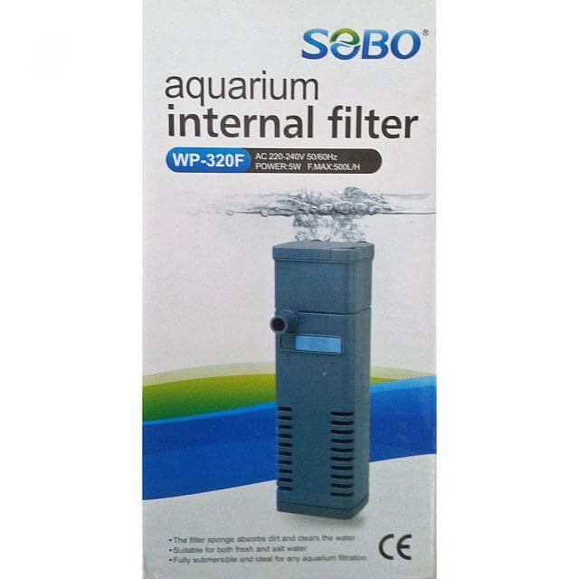 SOBO internal aquarium filter WP-320F packaging, showcasing its features and specifications for efficient water filtration.