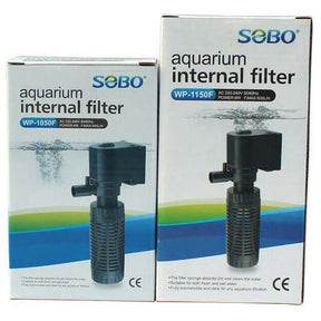 SOBO aquarium internal filters WP-1050F and WP-1150F packaging with specifications for clear, efficient water filtration.