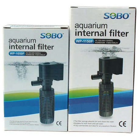 SOBO aquarium internal filters WP-1050F and WP-1150F packaging with specifications for clear, efficient water filtration.
