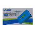 SOBO SB-960 portable battery aquarium air pump packaging with product details and design elements.