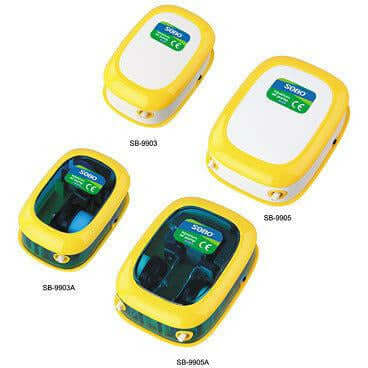 SOBO SB9903 single outlet air pump and accessories in yellow and green design for aquarium use.