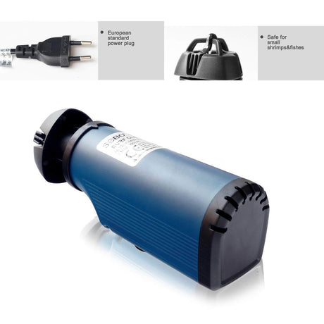 SOBO SK-03 Surface Skimmer showcasing European power plug, designed safe for small shrimps and fishes, compact size for easy handling.