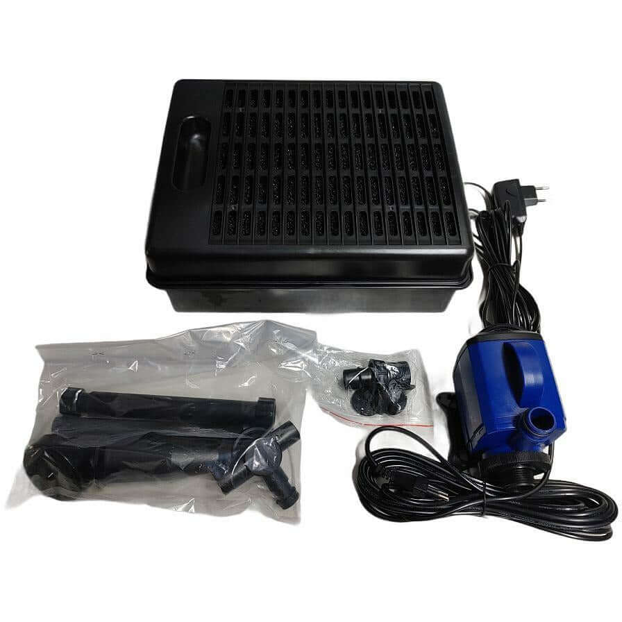 SOBO WP-360FPUV pond filter kit including submersible pump, fountain nozzles, and accessories for aquariums.