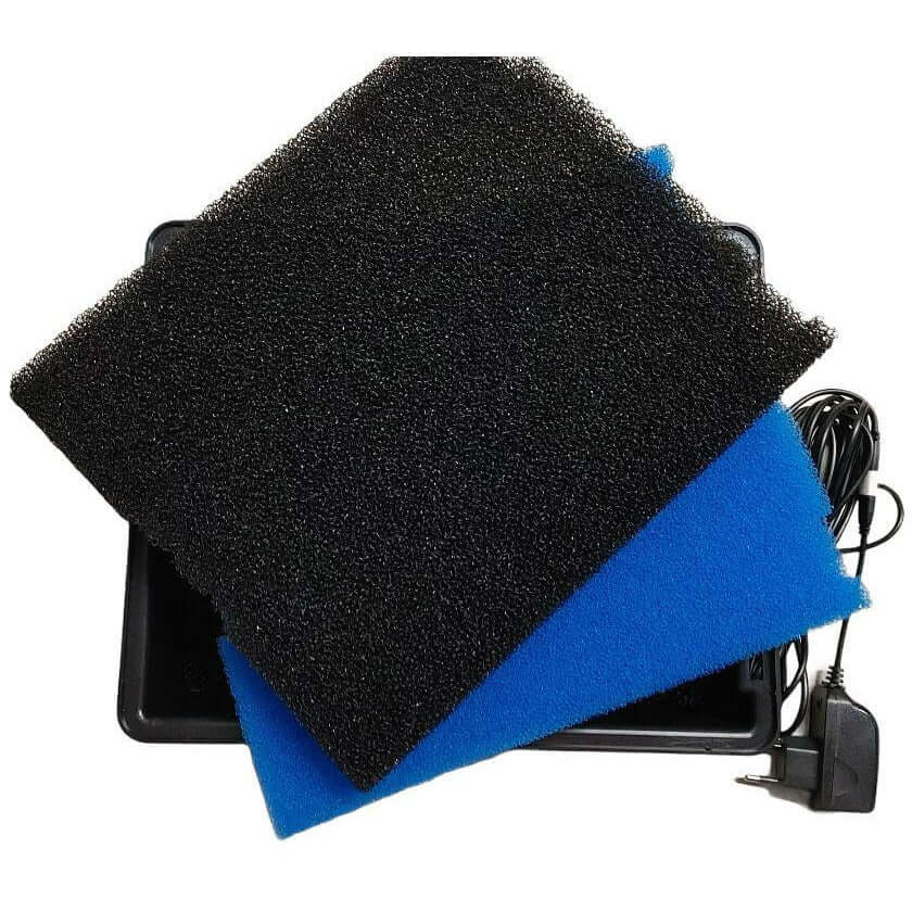 SOBO WP-360FPUV pond filter foam pads, black and blue, with power cord, designed for effective water filtration.