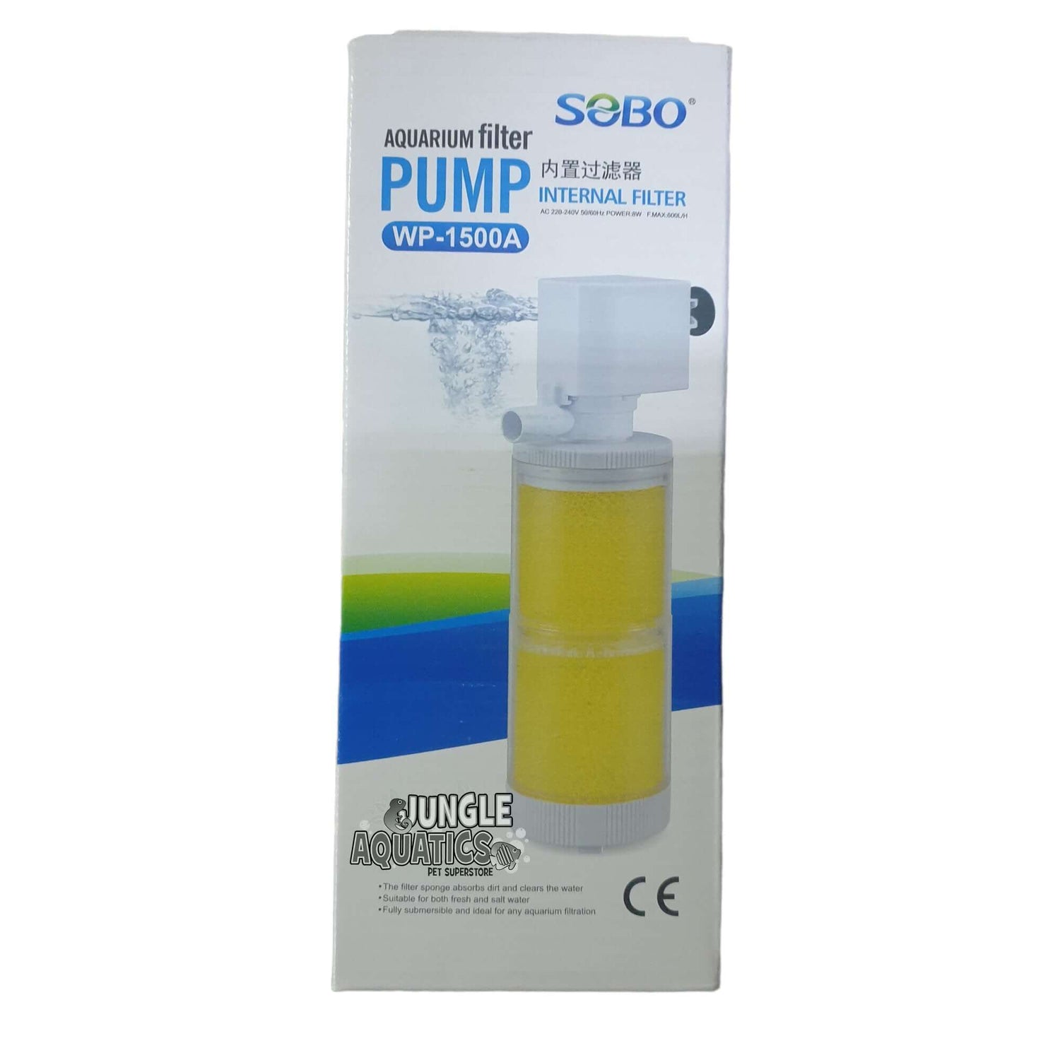 SOBO WP-1500A aquarium internal filter pump packaging with clear design and specifications.