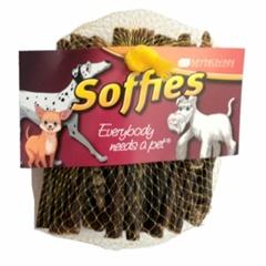 Soffies Dog Treats package featuring pure beef sticks for dogs, promoting dental health and low fat content.