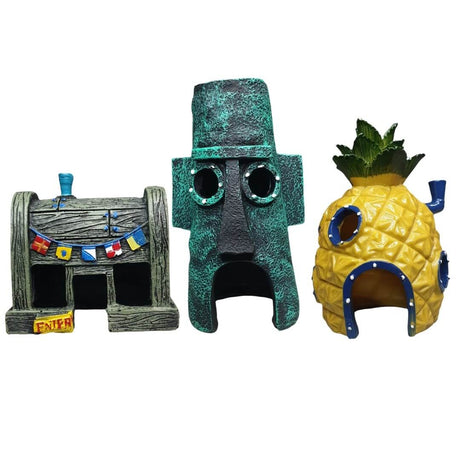 SpongeBob SquarePants ornament set featuring Krusty Krab, Squidward's house, and Pineapple House for aquarium decoration.