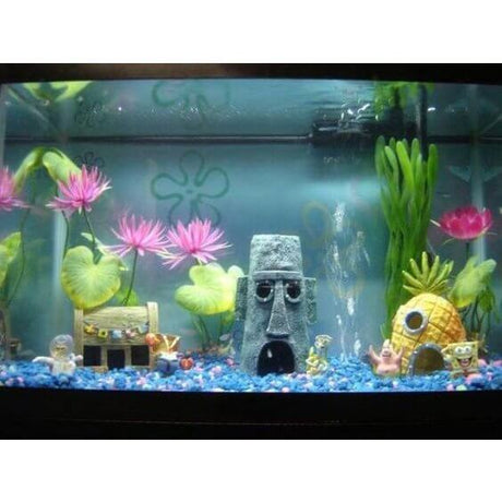 SpongeBob SquarePants aquarium featuring Pineapple house, Squidward's house, and the Krusty Krab ornament set with plants.
