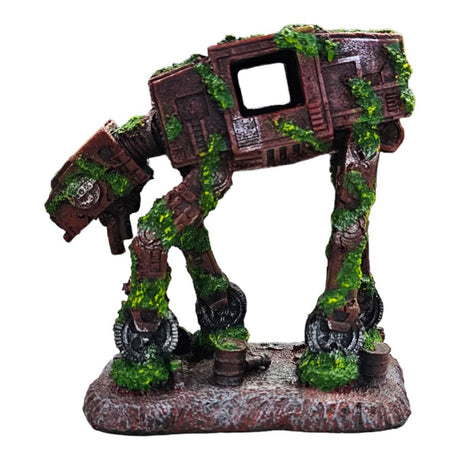 Small Star Wars Aquarium Walker Ornament with intricate details and moss, perfect for aquatic décor, measuring 15 x 8.5 x 14cm.