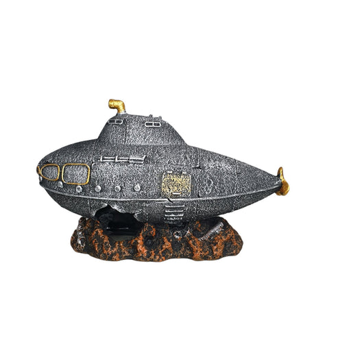 Submarine aquarium ornament in gray and gold, designed to enhance underwater aquascapes and add whimsy.