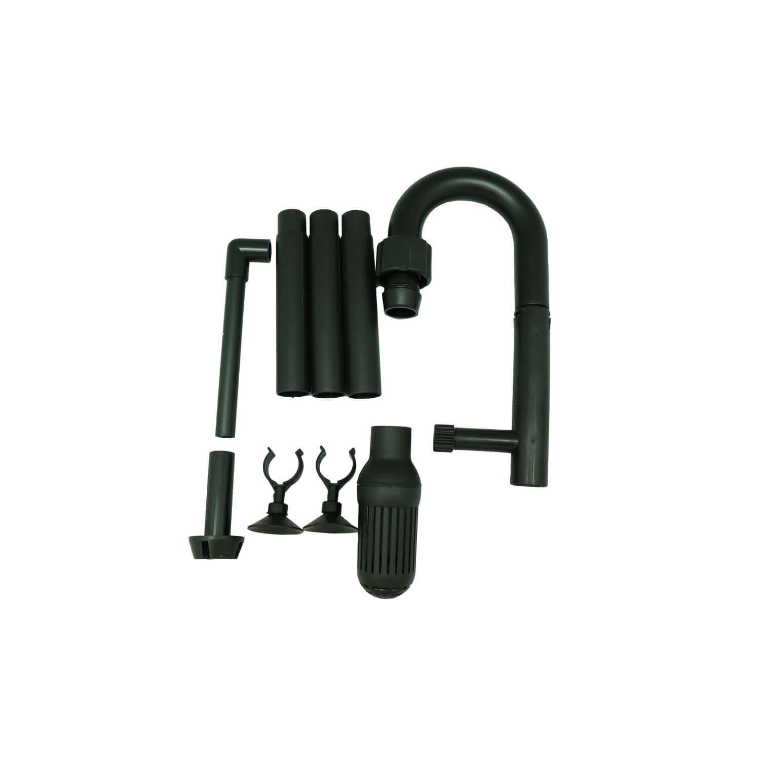 SunSun HW-304B Canister Filter accessories including pipes, connectors, and suction cups for aquarium filtration system.