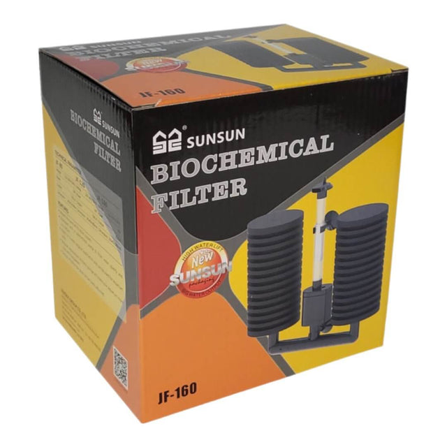 Sun Sun Biochemical Filter JF-160 package with black sponge filter design for aquarium water filtration.