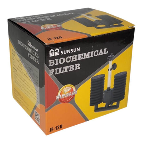 Sun Sun Biochemical Filter packaging with pump, ideal for aquarium water filtration and circulation, model JF-120.