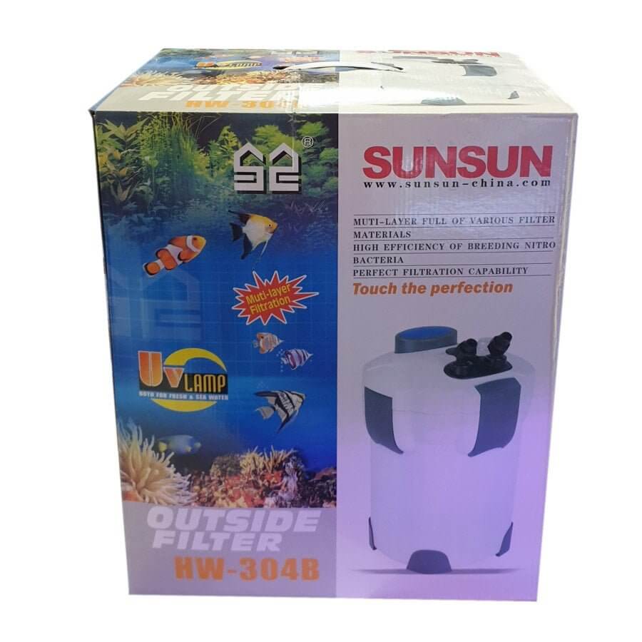 Sun Sun HW-304B Canister Filter box featuring UV Lamp and aquarium graphics, highlighting filtration capabilities.