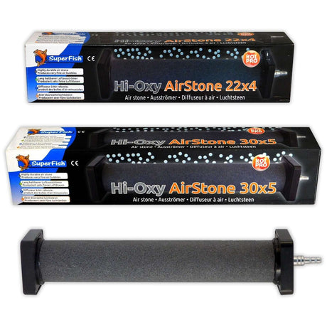 Superfish Hi-Oxy Airstones 22x4 and 30x5 packaging for high oxygen output in ponds and aquariums.