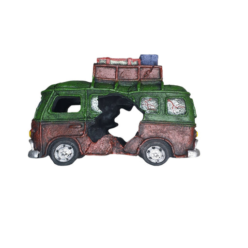 Green taxi bus aquarium ornament with cargo on roof, showcasing urban charm in underwater decor.