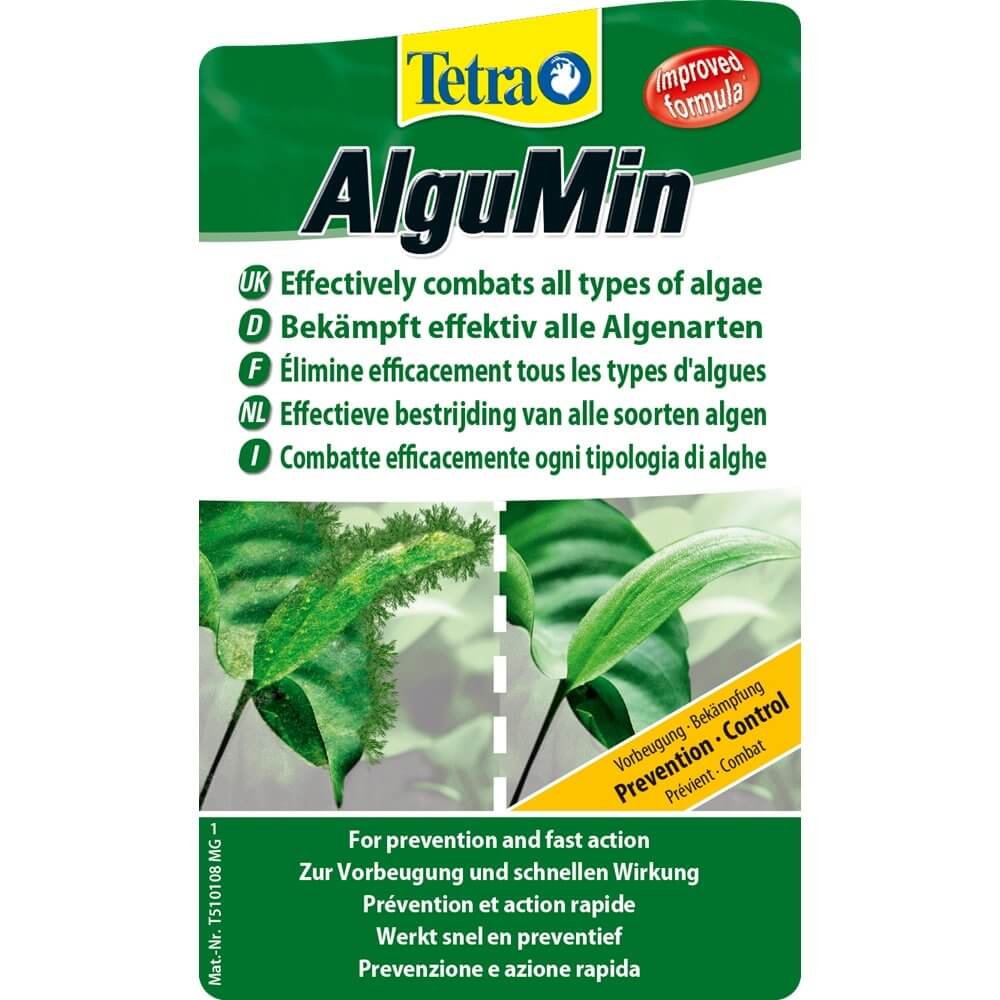 Tetra AlguMin 100ml packaging displaying algae control instructions in multiple languages for effective aquarium care.