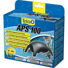 Tetra APS 100 Silent Aquarium Air Pump packaging with multi-language labels and aquatic imagery.