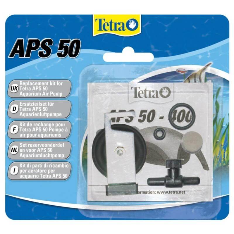 Tetra APS 50 replacement kit for aquarium air pump with key components and instructions on packaging.