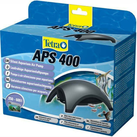 Tetra APS 400 Silent Aquarium Air Pump packaging with features and flow rate details for aquarium use.