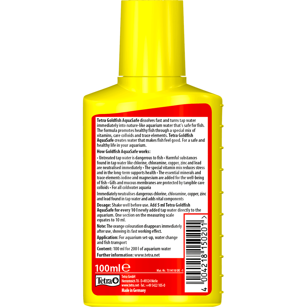 Tetra Goldfish AquaSafe 100ml water conditioner bottle, promoting fish health and safe aquarium water.