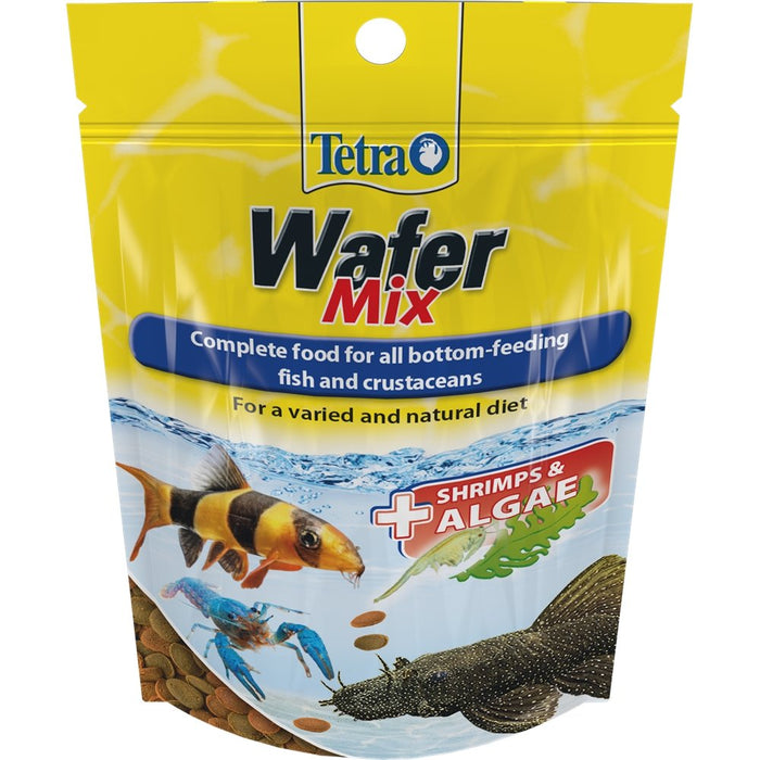 Tetra Wafermix aquatic food packaging for bottom-feeding fish and crustaceans, enriched with shrimp and algae.