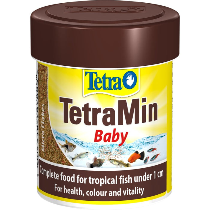 TetraMin Baby complete food for tropical fish, micro flakes for healthy growth under 1 cm, supporting vitality and color.