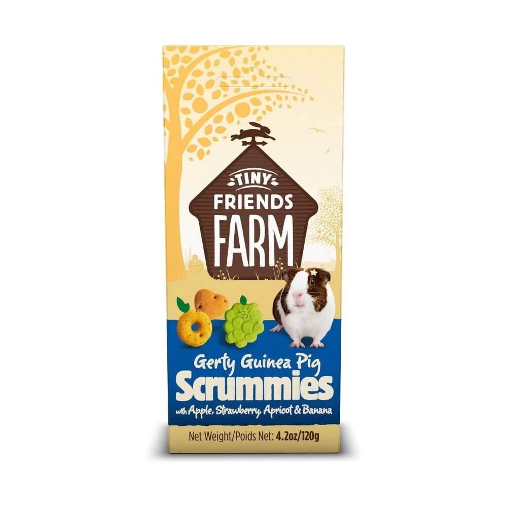 Tiny Friends Gerty Scrummies 120g package featuring guinea pig treats with apple, strawberry, apricot, and banana flavors.
