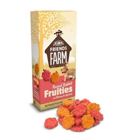 Tiny Friends Russel Fruities Cherry and Apricot 120g box with colorful baked treats for pets, perfect for hand-feeding.