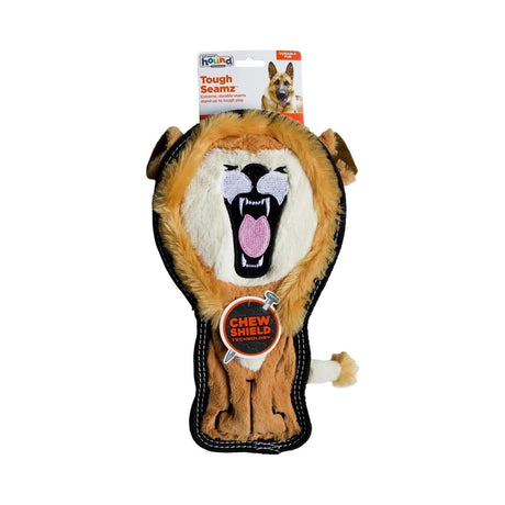 Tough Seamz Lion plush dog toy with Chew Shield technology for tough chewers and squeaker that lasts, suitable for active play.