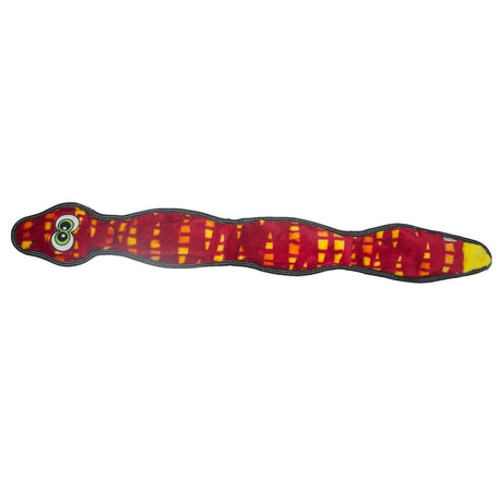 Tough Seamz Snake 6 Squeaker dog toy in red and yellow, stuffing-free design with puncture-resistant squeakers.