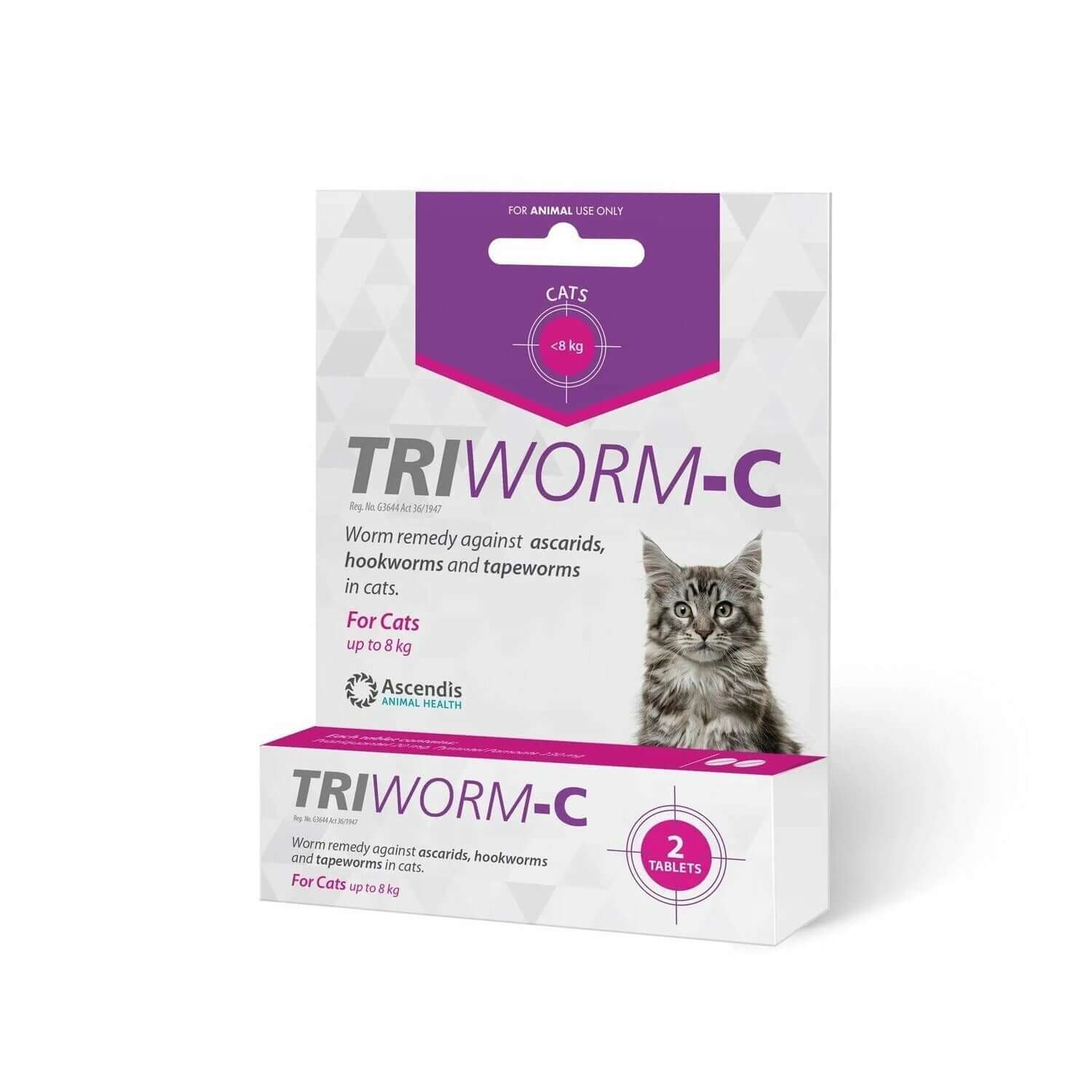 Triworm-C individual pack for cats, deworming tablets for ascarids, hookworms, and tapeworms, 2 tablets.