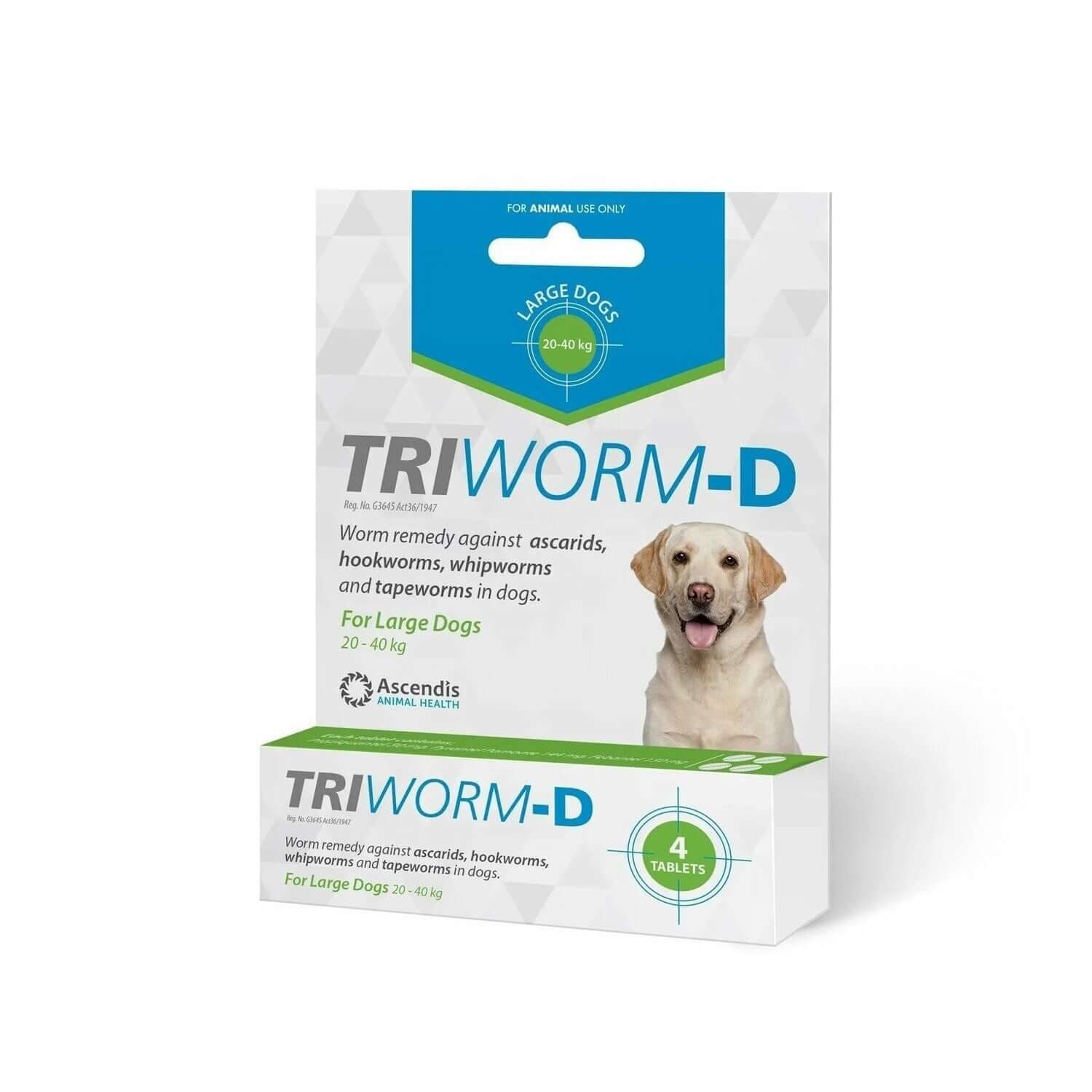 Triworm-D deworming tablets package for large dogs, effective against ascarids, hookworms, whipworms, and tapeworms.