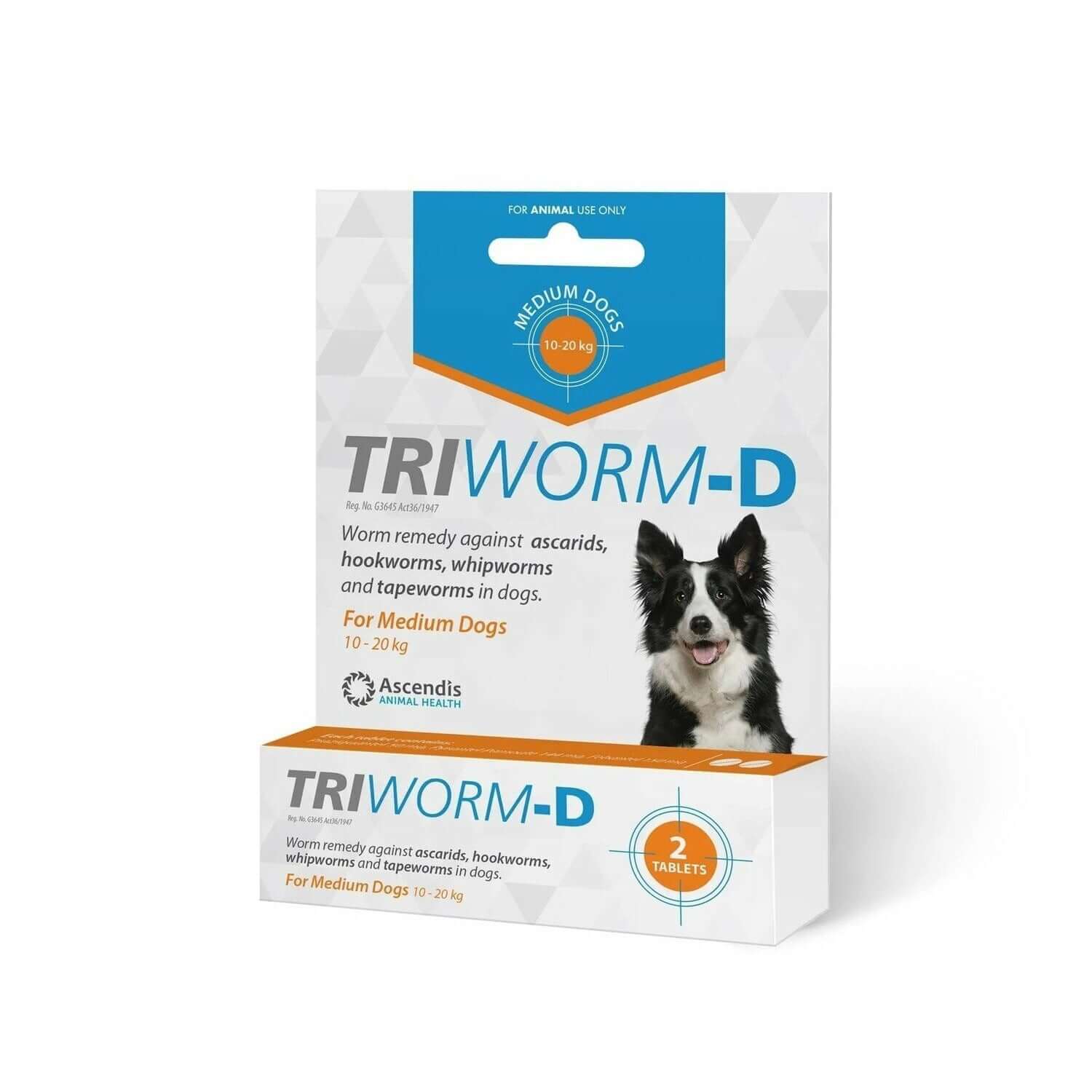 Triworm-D deworming tablets for medium dogs, treats ascarids, hookworms, whipworms, and tapeworms.