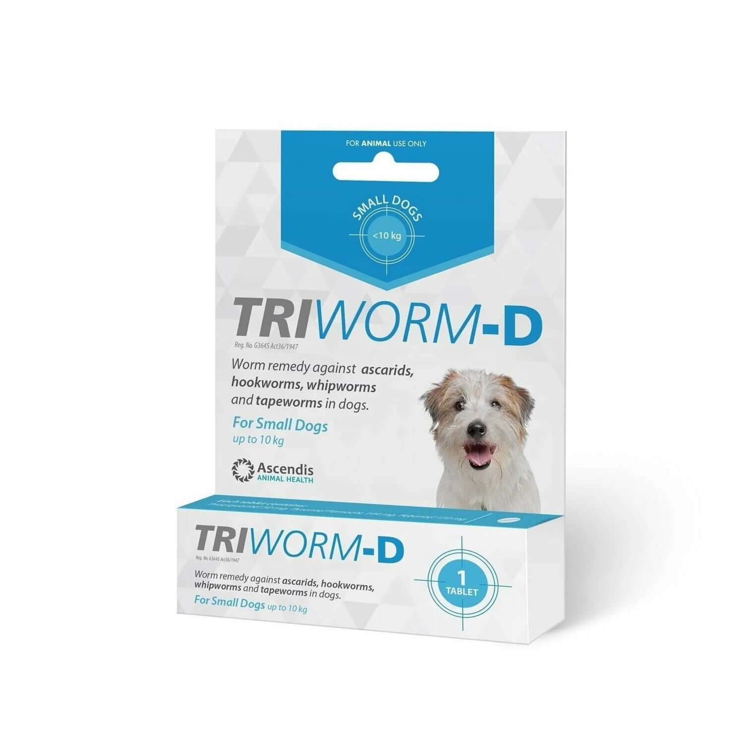 Triworm-D deworming tablet for small dogs, effective against ascarids, hookworms, and tapeworms.