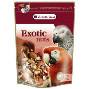 Versele Laga Exotic Nut Mix 750g packaging featuring nuts and colorful parrots, designed for optimal bird nutrition.