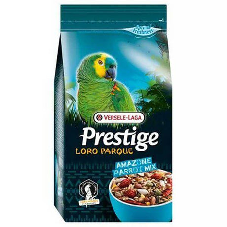 Versele-Laga Prestige Amazon Parrot food packaging featuring a vibrant parrot and colorful mix of seeds and nuts.