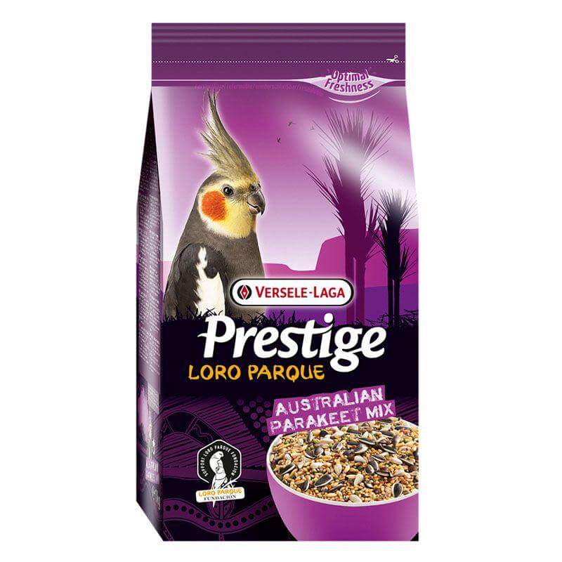 Versele-Laga Prestige Australian Parakeet food packaging featuring cockatiel and premium seed mix for parakeets.