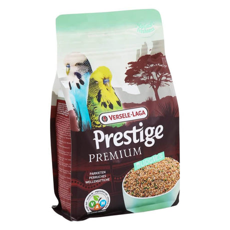 Versele-Laga Prestige Budgie Premium 800g package with seeds for budgies and small parakeets, enriched with vitamins and minerals.