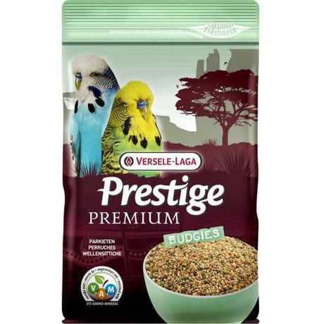Versele-Laga Prestige Budgie Premium 800g bag featuring budgies and a nutritious seed mix for pet birds.