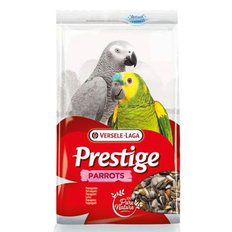 Versele-Laga Prestige Parrot Standard 1kg seed mix bag featuring grey and green parrots, enriched with vitamins and minerals.