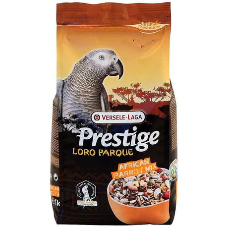 Versele-Laga Prestige Premium African Parrot Food bag featuring a parrot and a seed mix rich in vitamins and minerals.