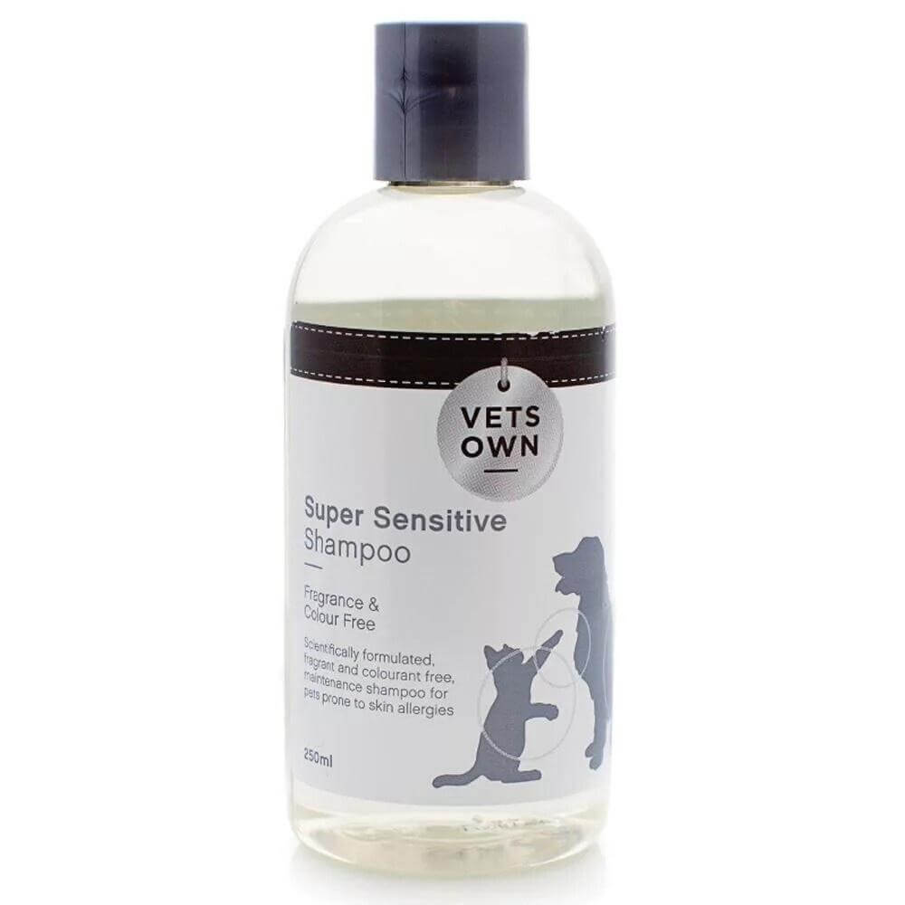 Vets Own Super Sensitive Shampoo 250ml bottle for dogs and cats, mild and fragrance-free, ideal for sensitive skin care.
