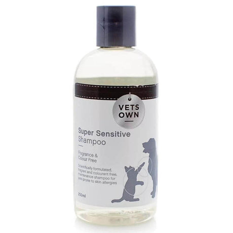 Vets Own Super Sensitive Shampoo 250ml bottle for dogs and cats, mild and fragrance-free, ideal for sensitive skin care.