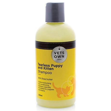 Vets Own Tearless Puppy and Kitten Shampoo 250ml bottle with shea butter, gentle for pets' sensitive skin and eyes.