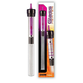 Via Aqua 200W glass aquarium heater with visible temperature settings, designed for freshwater and marine use.