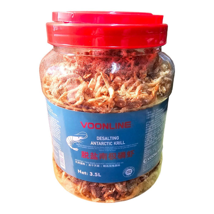 Voonline Desalting Antarctic Krill 3.5L jar with freeze-dried krill for healthy fish nutrition and coloring.