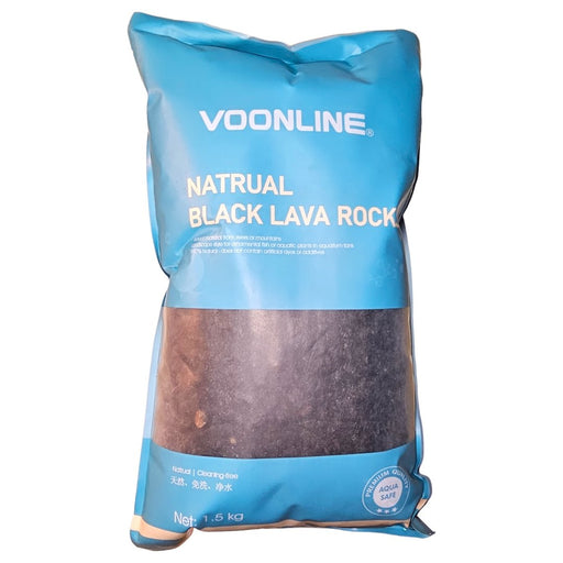 Voonline Natural Black Lava Rocks 1.5kg package showcasing rugged volcanic stones for aquariums.