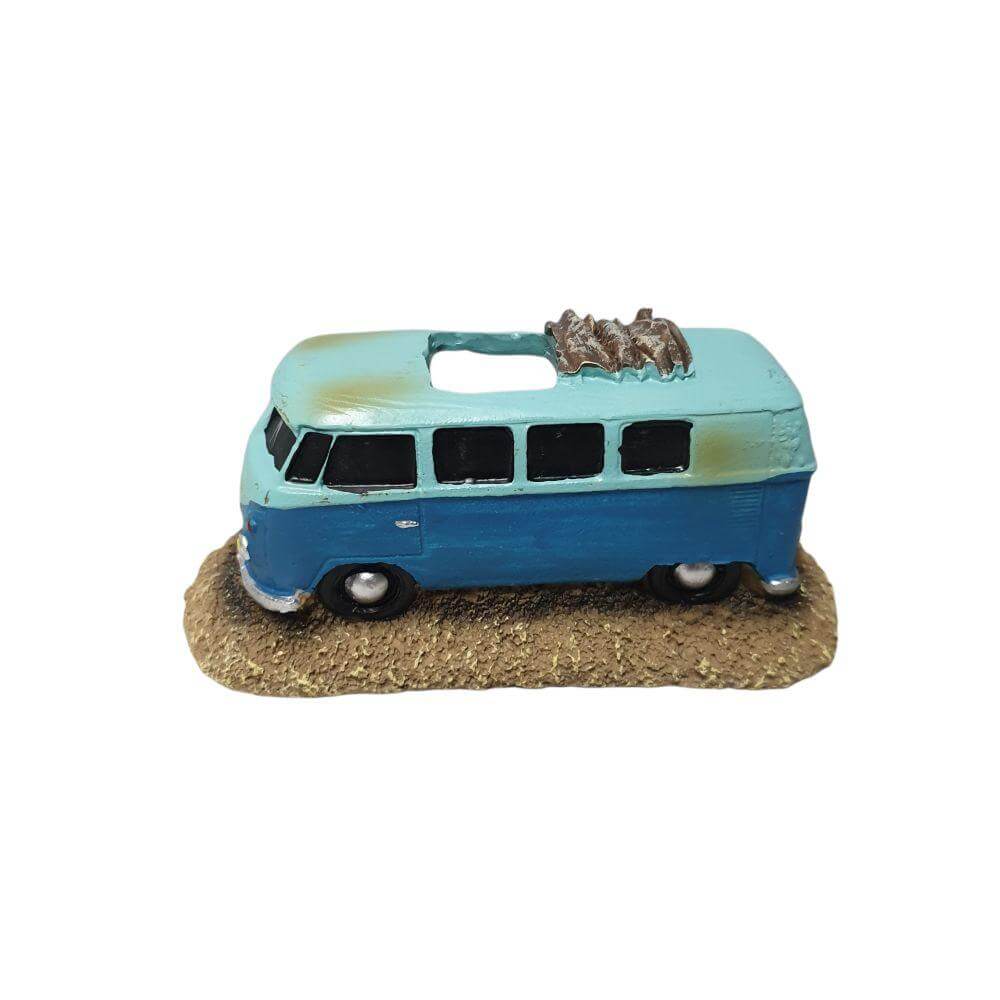 VW Van Wreck aquarium ornament in retro blue, adding charm to underwater settings with detailed weathered design.